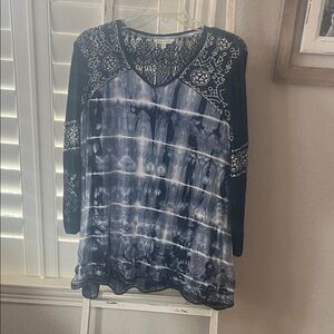 John Mark Navy Tie-Dye Blouse with Lace Accents